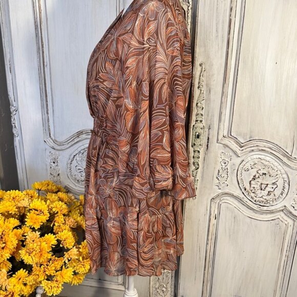 Olivaceous Bohemian Brown Floral Patterned Women's Babydoll Mini Dress/Romper - Picture 6 of 13